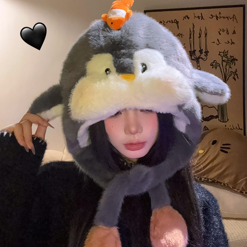 可爱企鹅耳朵会动毛绒帽雷锋帽