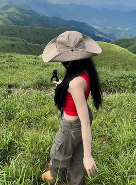 山系露营抽绳渔夫帽子太阳徒步防晒遮阳户外登山钓鱼帽西部牛仔帽