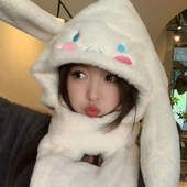 玉桂狗耳朵会动帽子女秋冬围巾手套一体保暖三件套可爱毛绒护耳帽