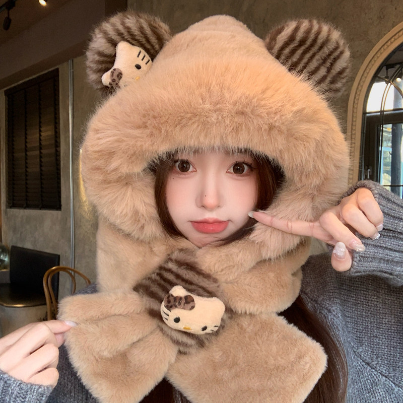 可爱卡通小熊毛绒绒帽子女冬季围巾一体加厚保暖防寒护耳雷锋帽子,服饰配件/皮带/帽子/围巾,帽子,淘宝优惠券,粉丝福利购,淘宝优惠卷