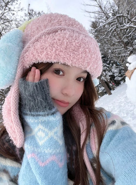 韩版ins百搭秋冬季女毛绒护耳帽