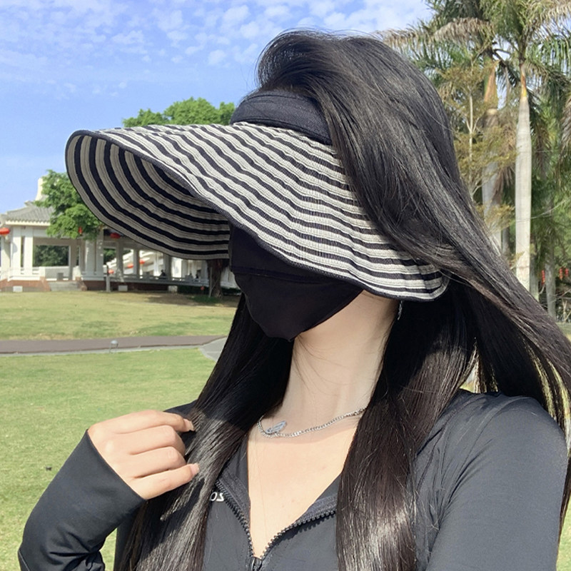 发箍式空顶防晒帽女夏季防紫外线遮阳帽大帽檐条纹贝壳帽太阳帽子