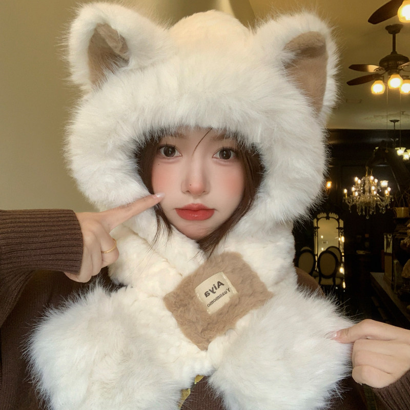 可爱小熊耳朵毛绒帽子围脖一体帽
