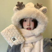 小鹿帽子秋冬季 女围巾手套一体连帽围脖可爱保暖护耳毛绒绒三件套