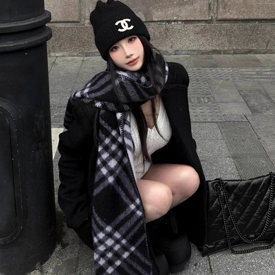 博主同款黑白格纹双面围巾披肩
