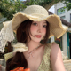 法式 蝴蝶结蕾丝大帽檐波浪形草帽女夏季 海边度假风草编遮阳太阳帽