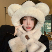 2025新款 可爱小熊耳朵帽子围脖一体女冬季 加厚保暖毛绒护耳雷锋帽