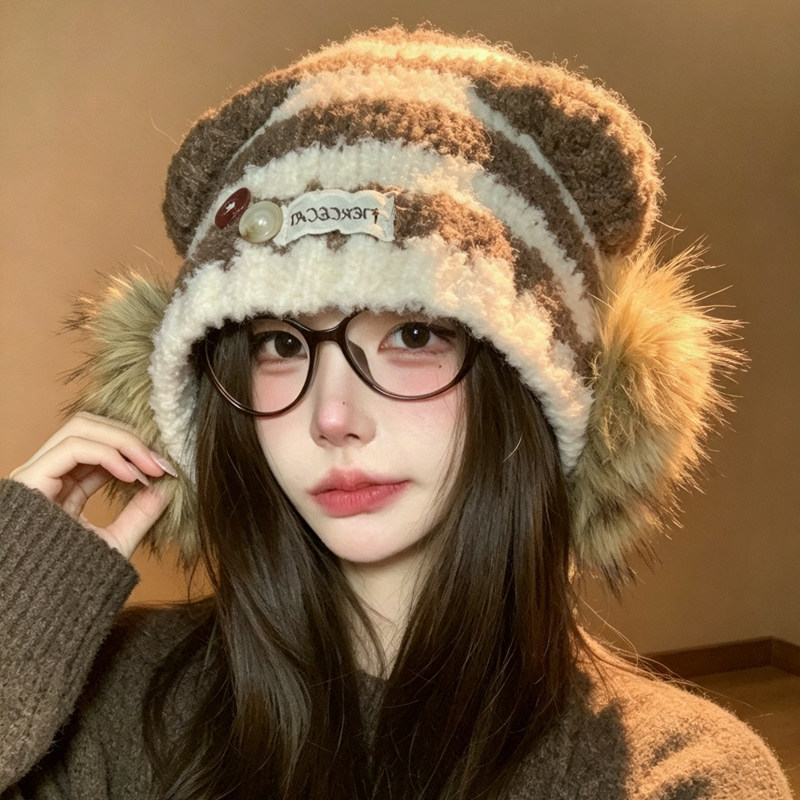 韩版可爱毛绒猫耳朵针织帽子带耳罩女秋冬护耳条纹系带包头毛线帽