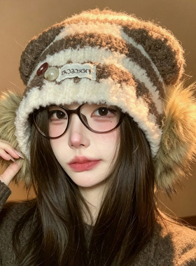 秋冬毛绒猫耳罩护耳针织帽女