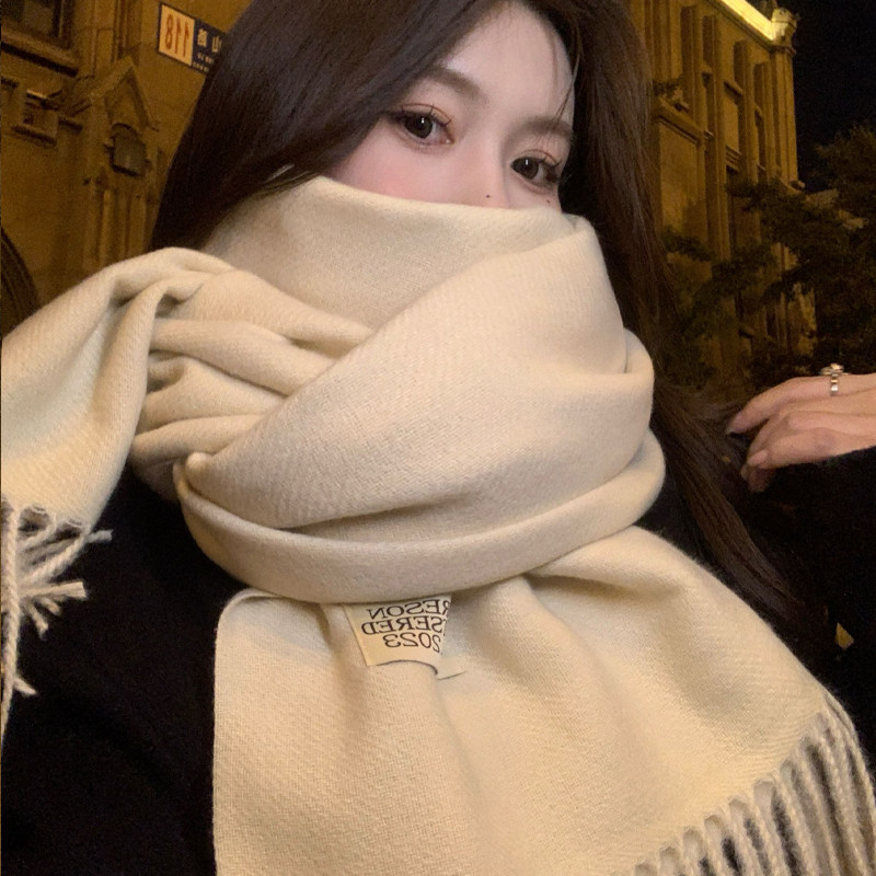 新款仿羊绒纯色双面围巾女秋冬季韩版百搭高级感保暖流苏披肩两用