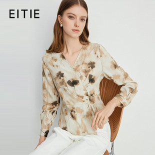 [设计总监然姐]EITIE爱特爱优雅时尚V领收腰显瘦印花雪纺衫上衣