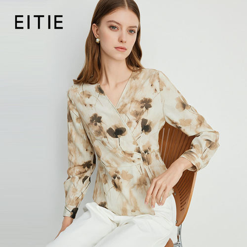 [设计总监然姐]EITIE爱特爱优雅时尚V领收腰显瘦印花雪纺衫上衣
