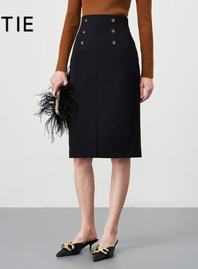 [设计总监然姐]EITIE爱特爱高腰通勤黑色职业OL显瘦中裙半身裙