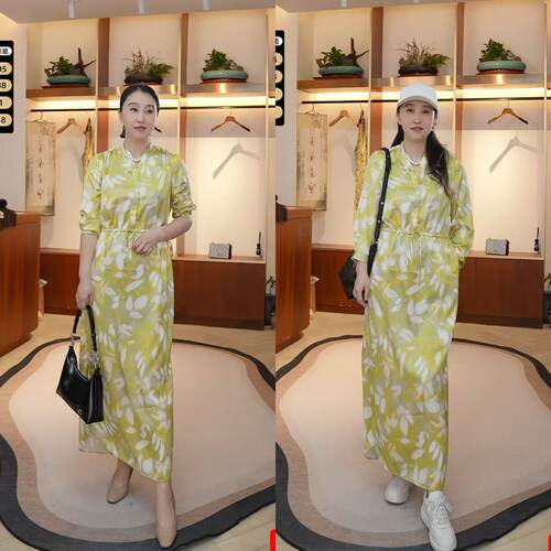 [设计总监然姐]EITIE爱特爱气质优雅通勤印花绿色雪纺收腰连衣裙