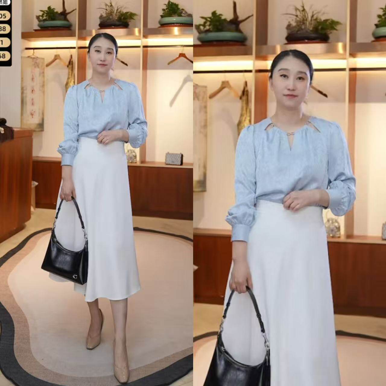 【设计总监然姐】草木印花气质直筒蓝色通勤衬衫雪纺上衣