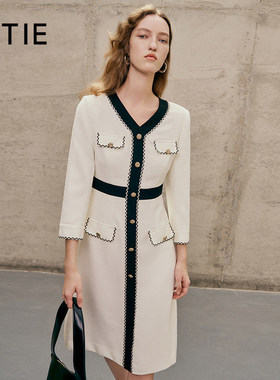 [设计总监然姐]EITIE爱特爱气质V领小香风收腰显瘦通勤OL连衣裙