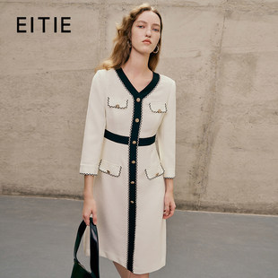 [设计总监然姐]EITIE爱特爱气质V领小香风收腰显瘦通勤OL连衣裙