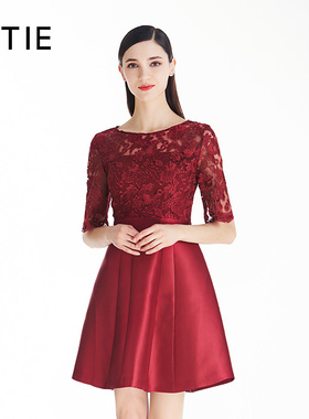 EITIE爱特爱女装夏款优雅气质镂空蕾丝拼接A字礼服连衣裙女裙