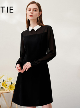 【设计总监然姐】EITIE爱特爱翻领黑色网纱连衣裙显瘦a版通勤百搭