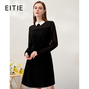 【设计总监然姐】EITIE爱特爱翻领黑色网纱连衣裙显瘦a版通勤百搭