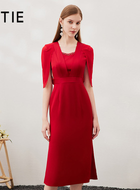 【设计总监然姐】EITIE爱特爱披肩雪纺红色礼服连衣裙