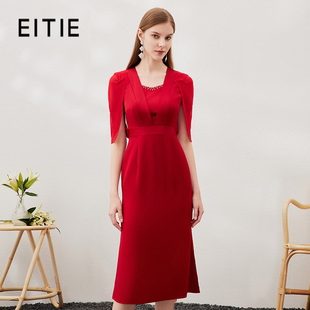 【设计总监然姐】EITIE爱特爱披肩雪纺红色礼服连衣裙