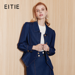 设计总监然姐EITIE爱特爱时尚翻领复古灯笼袖收腰牛仔短外套