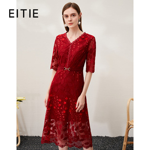 【设计总监然姐】EITIE爱特爱精致蕾丝网纱红色礼服连衣裙春新款