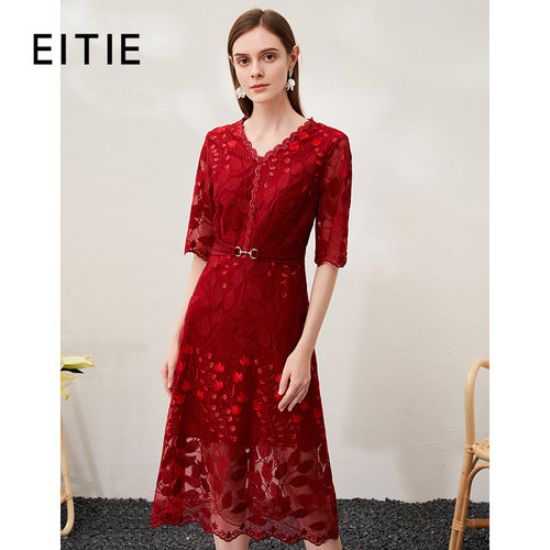【设计总监然姐】EITIE爱特爱精致蕾丝网纱红色礼服连衣裙春新款