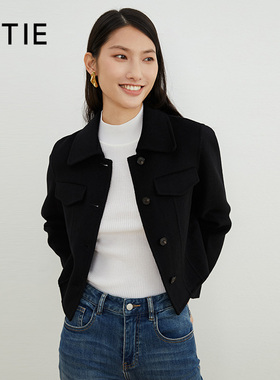 EITIE爱特爱帅气百搭黑色翻领短款呢子外套显瘦通勤冬款