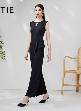 【设计总监然姐】干练圆领无袖高腰直筒连体裤显瘦黑色通勤