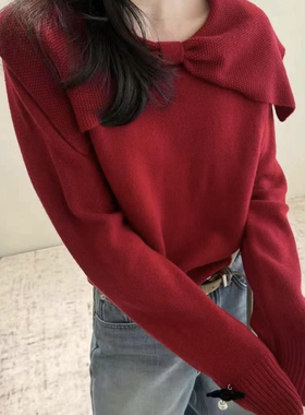 欧洲站2024秋冬新款欧货蝴蝶结设计毛衣针织衫女翻领上衣时尚潮