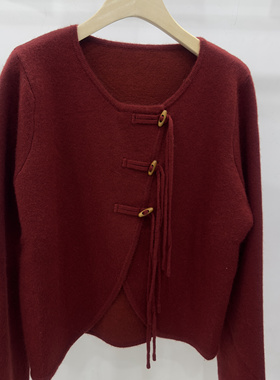 2024新中式国风盘扣高级感红色针织开衫小个子正肩百搭上衣女蜜熊
