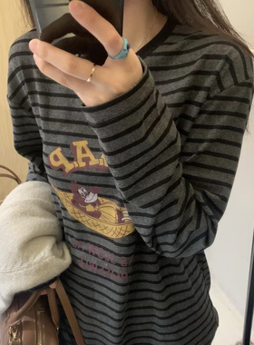 2024秋冬韩系简约条纹长袖T恤休闲慵懒百搭上衣女打底衫卡通印花