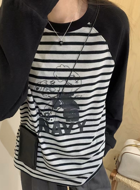 欧洲站2024秋季新款女装韩版宽松徳绒百搭条纹拼色长袖T恤女上衣