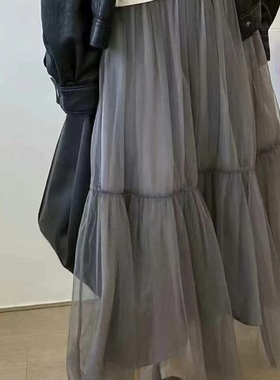 2025早春新款欧货甜美网纱半身裙女高腰显瘦中长款纱裙子灰色温柔