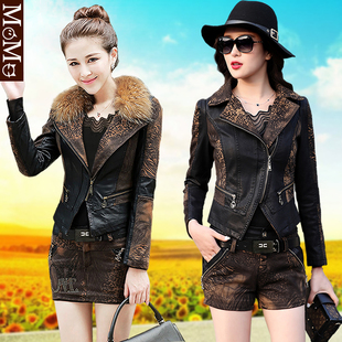皮衣短裤皮裙子套装春秋装毛领修身加厚夹棉牛仔衣服时尚两件套装