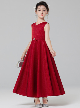 女童红色晚礼服钢琴演出服中大童连衣裙女孩花童公主裙主持人长裙