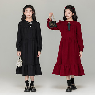 中大童女童裙子长袖荷叶边连衣裙秋冬儿童韩版长裙学生女孩礼服裙