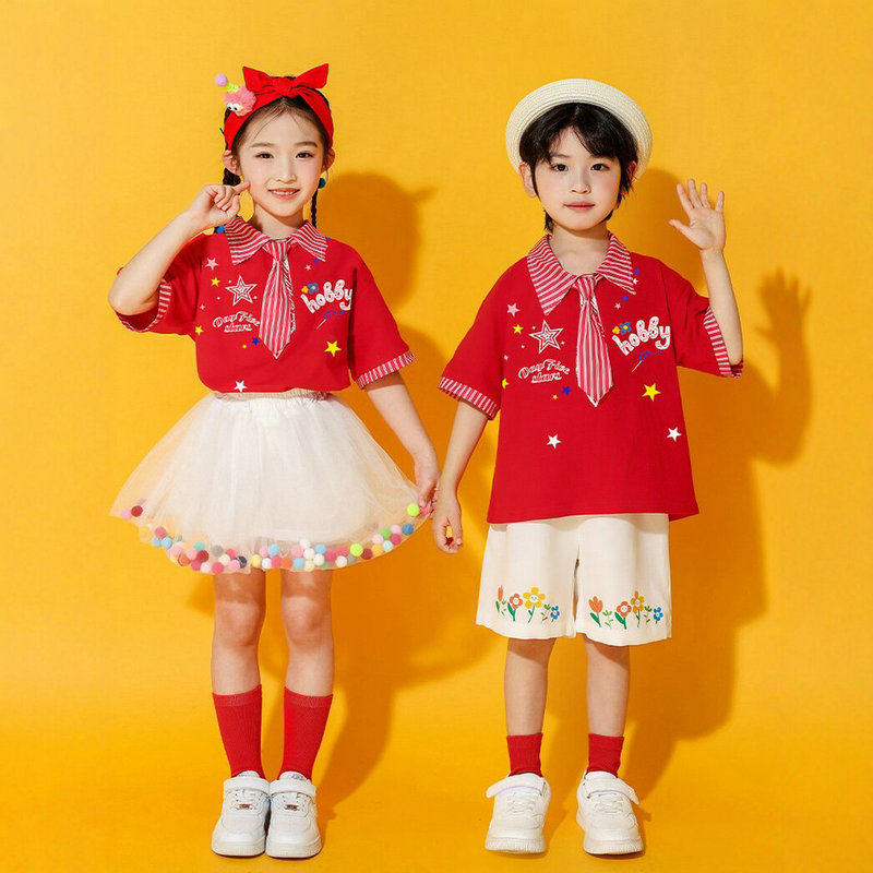 六一儿童演出服啦啦队服装幼儿园舞蹈服红色短袖纱裙小学生运动会