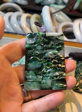 A货冰种水翡翠山水牌吊坠