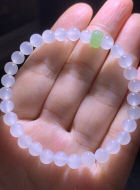 和田玉白玉手链青海老料冰白起荧光手串配碧玉苹果绿回纹珠5.8