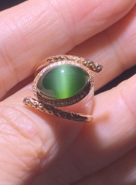 精品和田玉碧玉菠菜猫眼戒指碧玉马眼戒指一线活猫眼戒指18k金