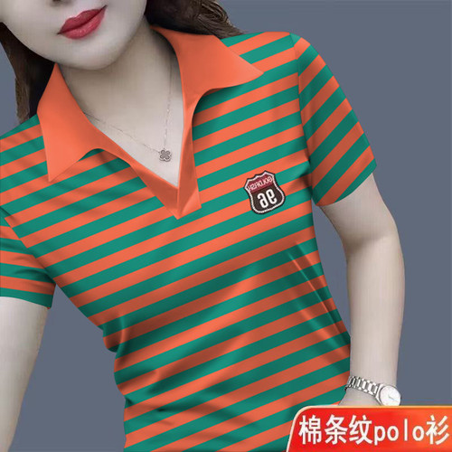 短袖条纹T恤品质上衣POLO衫大码女装洋气时尚百搭翻有体恤夏季V领