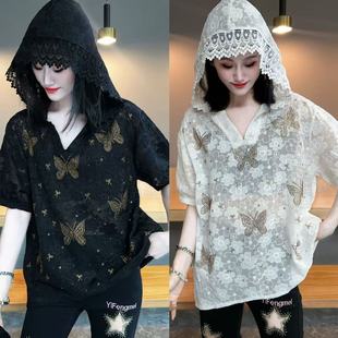 YJ·高定 短袖 2025夏季 设计感宽松显瘦蕾丝帽衫 女YY2285 薄款