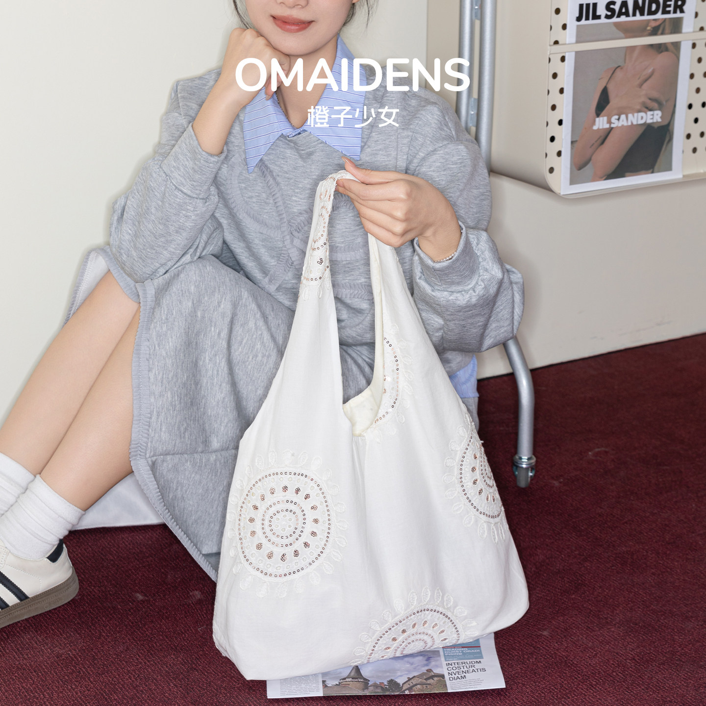 橙子少女文艺风亮片帆布单肩包高级感轻奢托特包手提袋通勤女包包,箱包皮具/热销女包/男包,托特包,淘宝优惠券,粉丝福利购,淘宝优惠卷