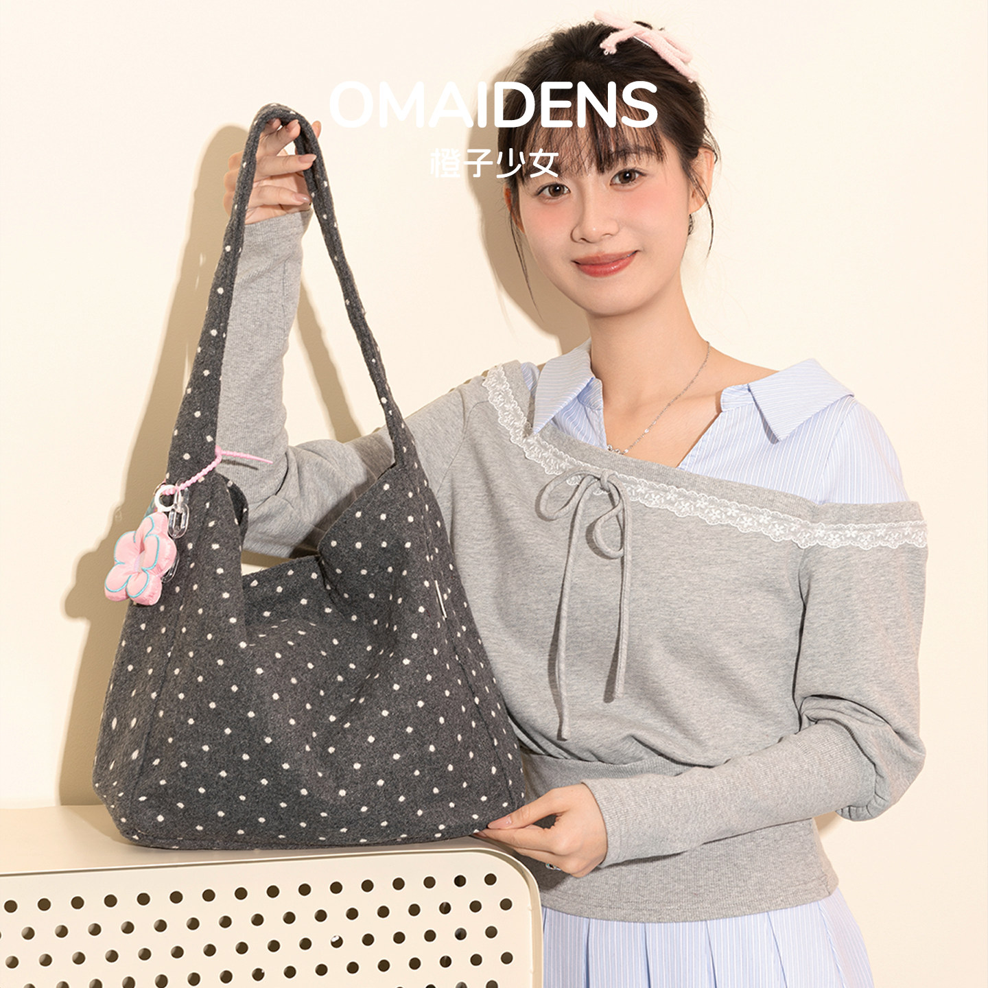 橙子少女韩系波点毛呢托特包女2026春季大容量单肩腋下包休闲简约,箱包皮具/热销女包/男包,托特包,淘宝优惠券,粉丝福利购,淘宝优惠卷