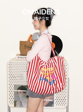 橙子少女夏日红色帆布包韩系慵懒风包包托特包大容量手提包单肩包