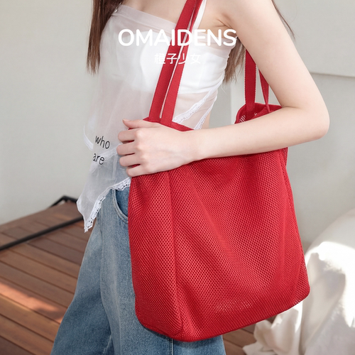 网眼镂空红色帆布包女双面可背