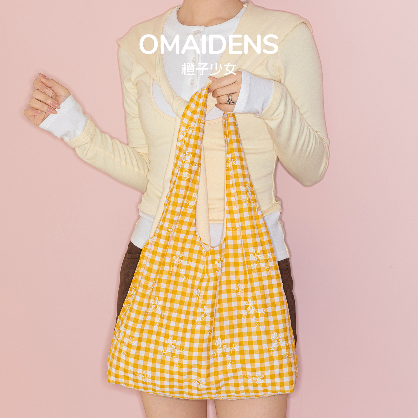 橙子少女黄色格子帆布包女手提托特包大容量女休闲学生通勤托特包